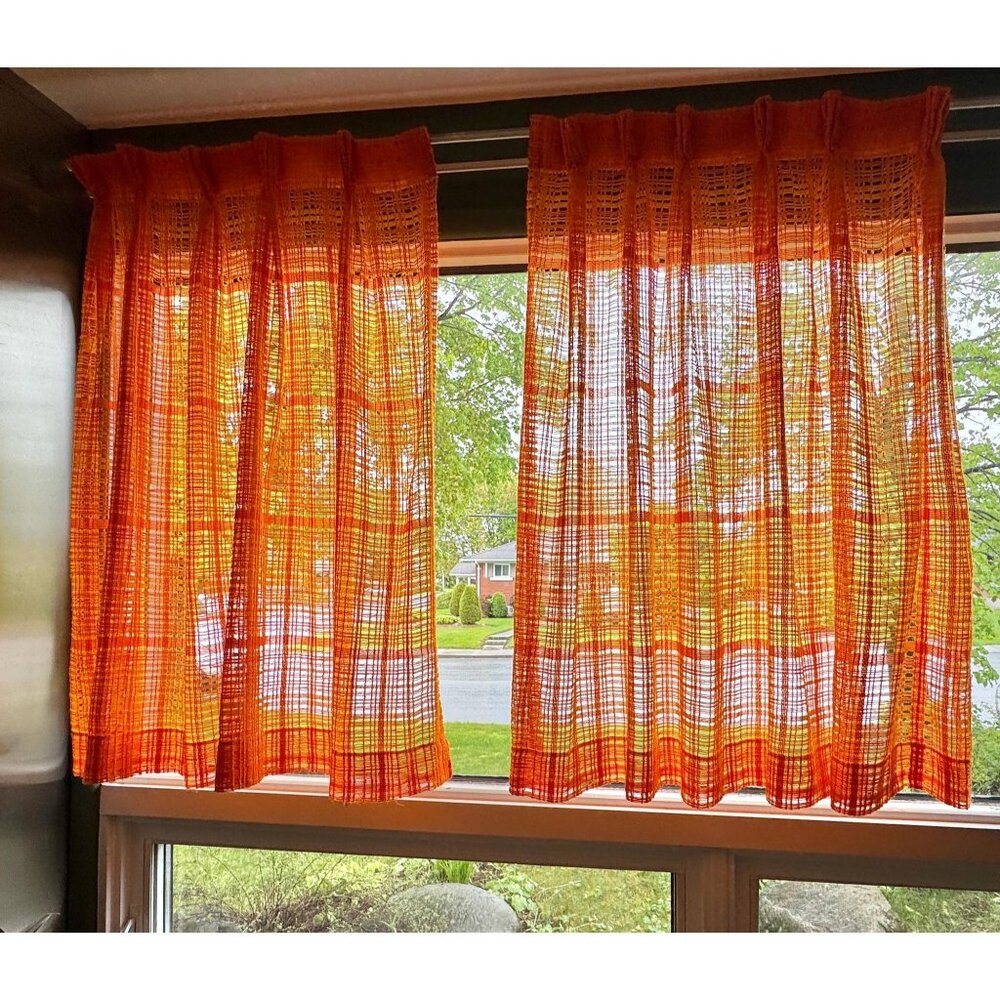 Vintage 70s net curtains, pumpkin orange, yellow open weave mesh, pleated pair
